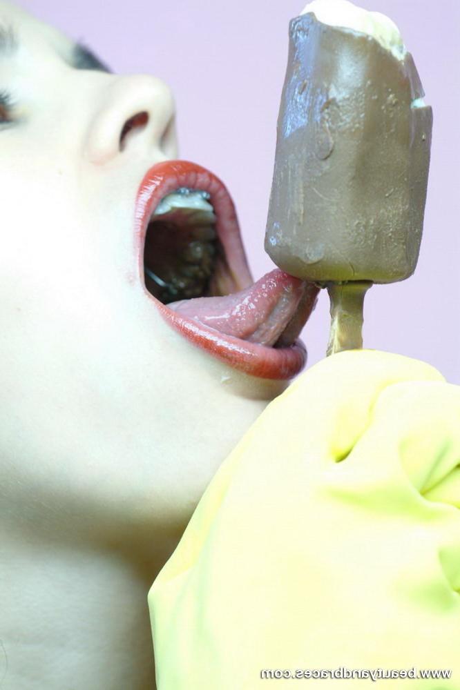 16P Brunette teen with braces gets messy with a popsicle