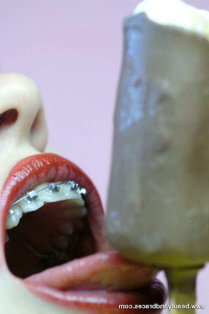 16P Brunette teen with braces gets messy with a popsicle