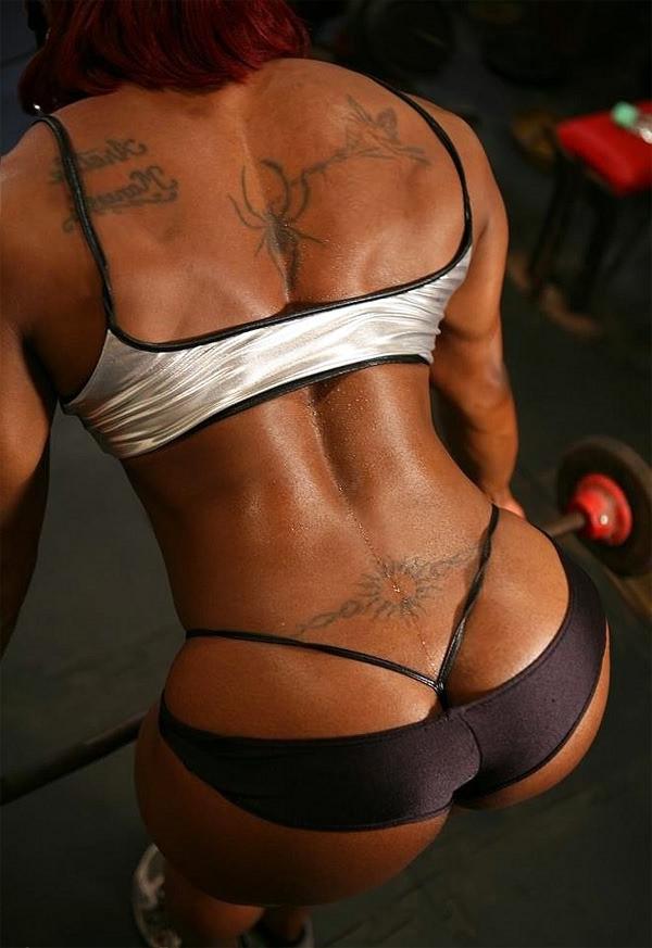 12P Big black Female Bodybuilder topless workout