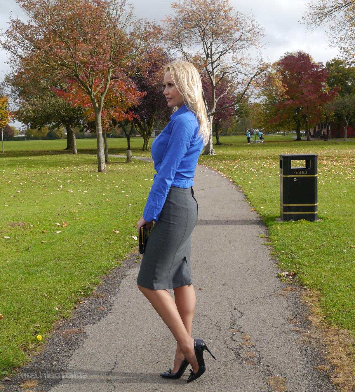 16P Hot blonde Milf Monica shows off her hot legs and shiny black st