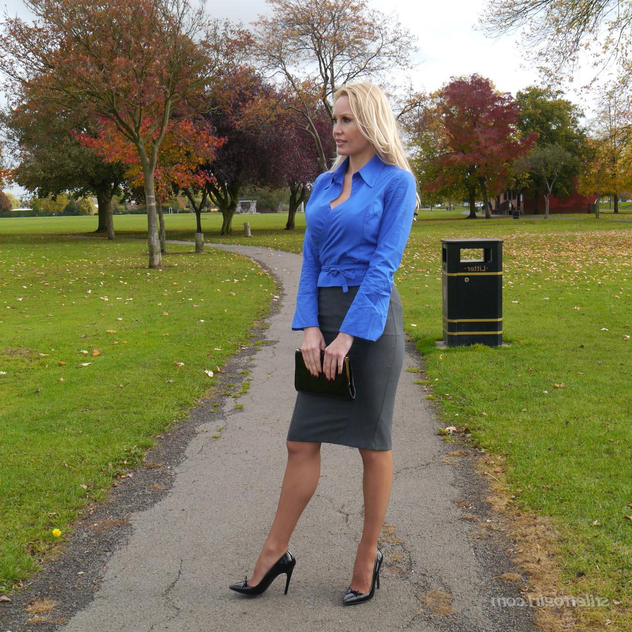 16P Hot blonde Milf Monica shows off her hot legs and shiny black st