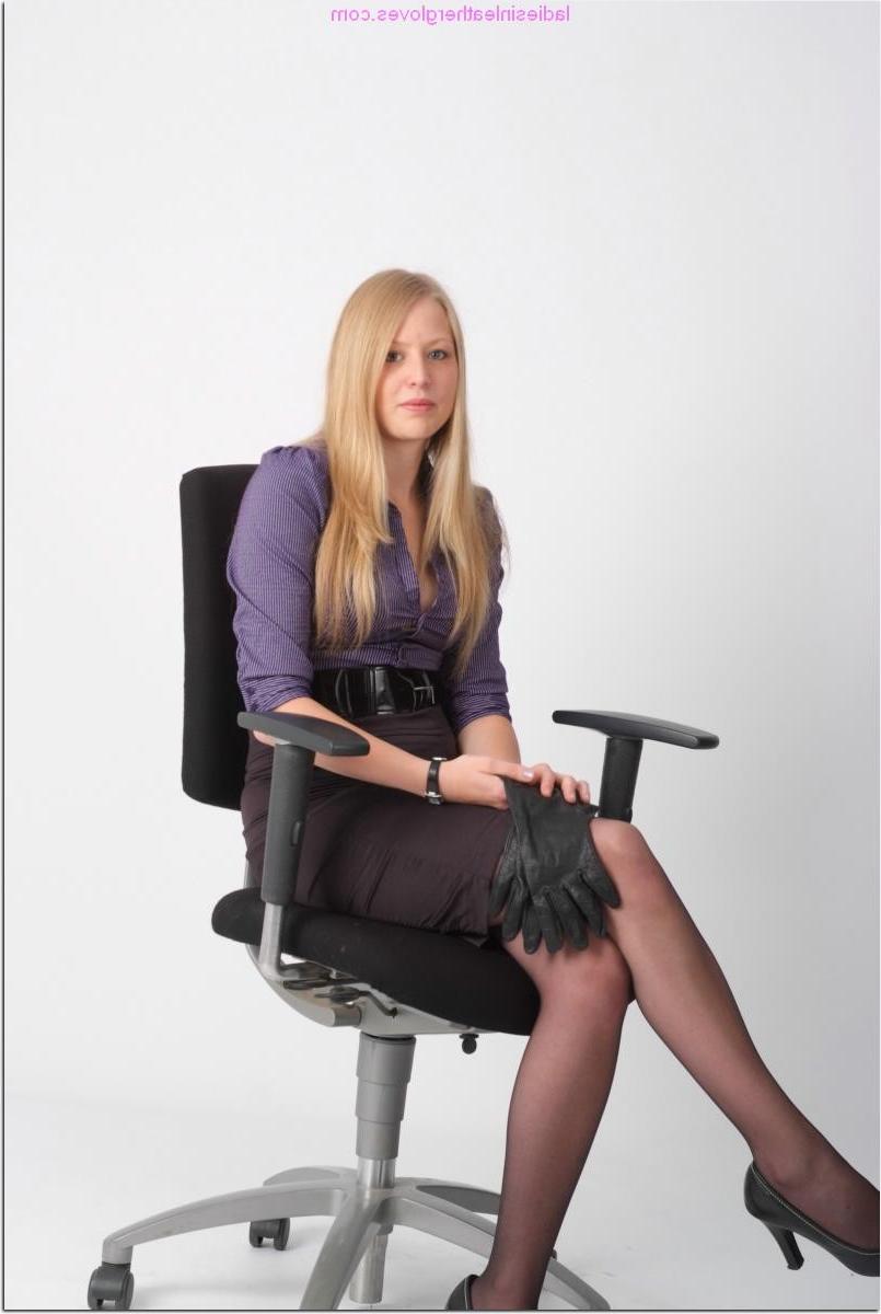 15P Leggy blonde secretary Hayley puts on a tight black pair of leather gloves