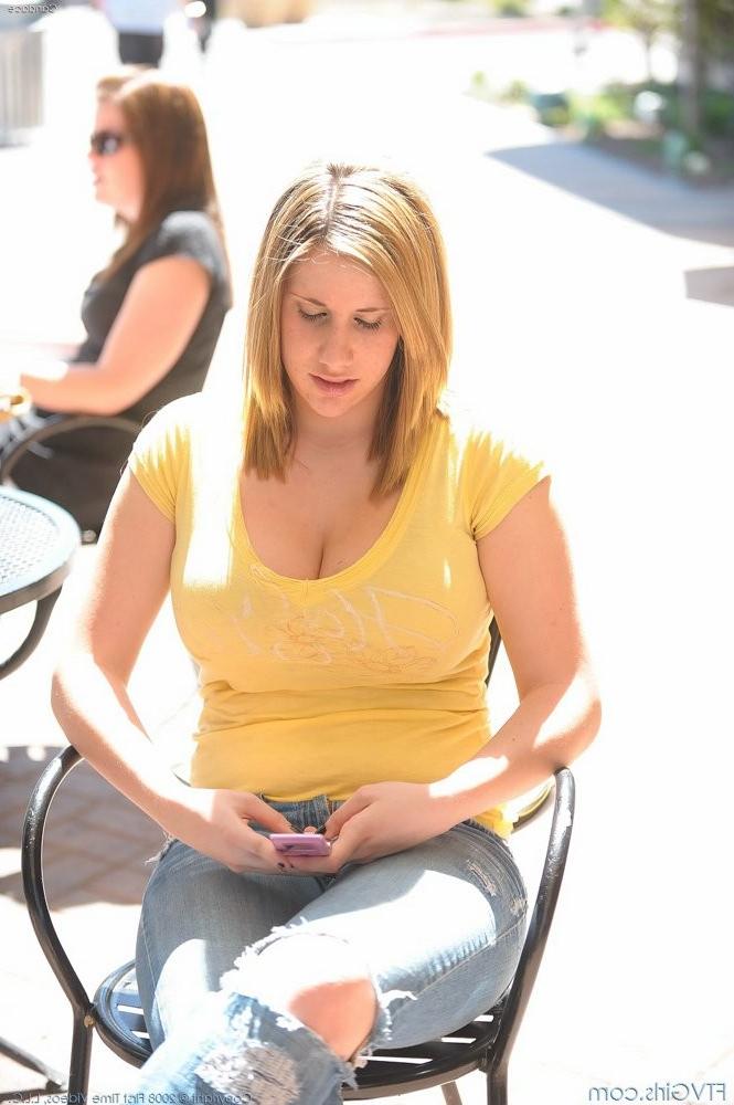 15P A blonde teen babe flashes her huge tits in public