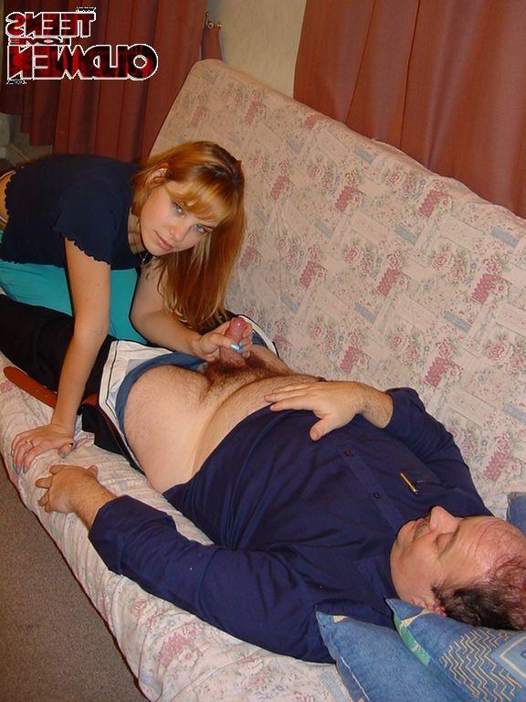 16P Teeny slut sucking an old cock