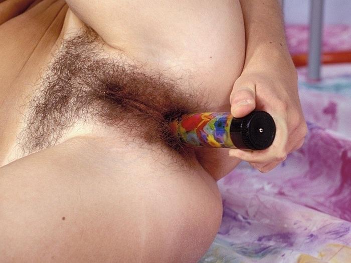 16P Cute brunette teen fingering hairy pussy and masturbates with dildo