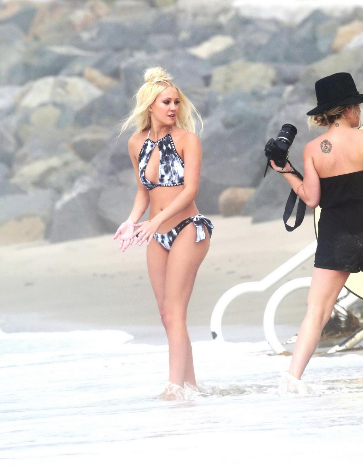 16P Ava Sambora hot nipple peek in thong monochrome bikini