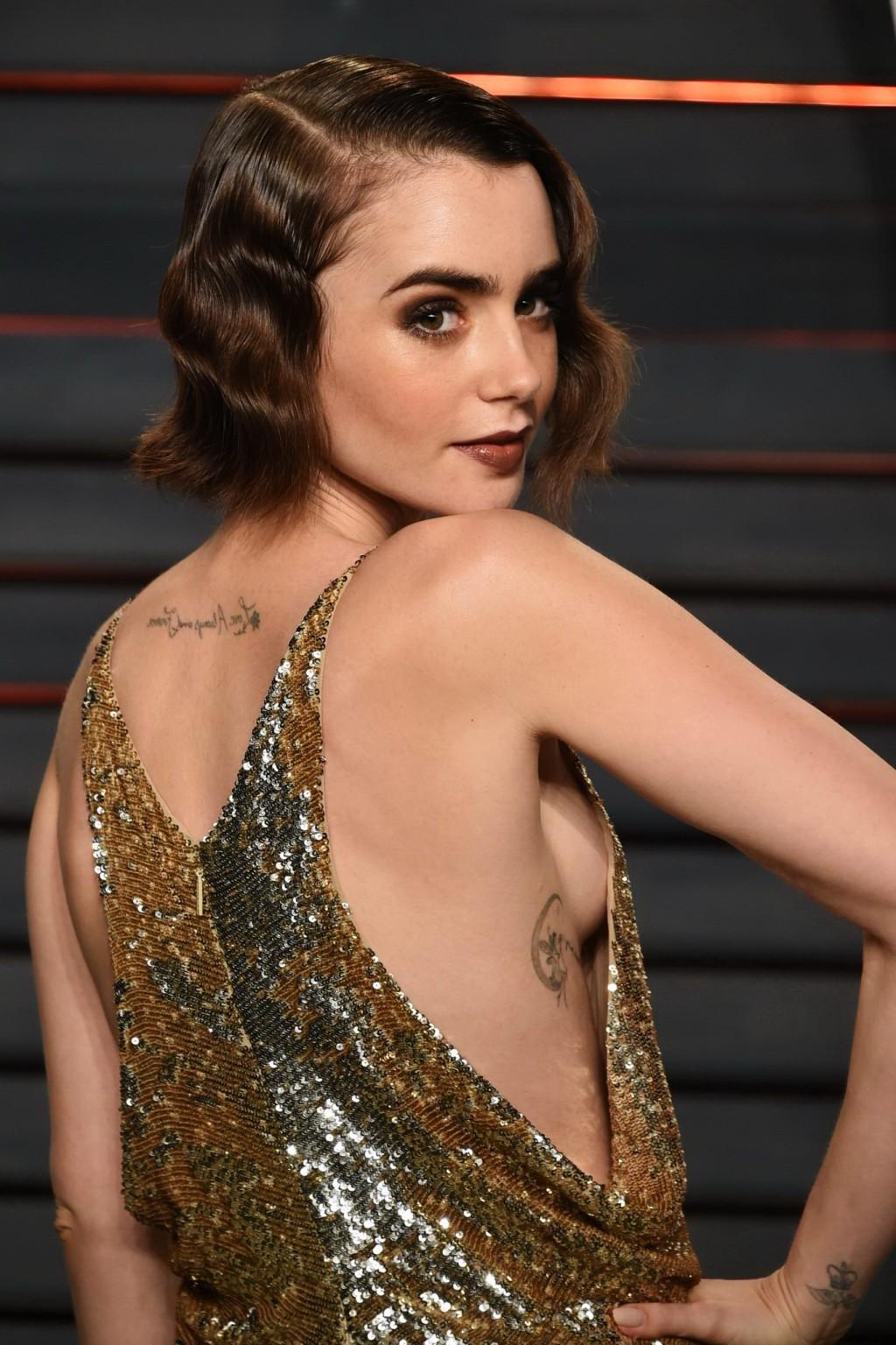 16P Lily Collins showing sideboob huge cleavage and legs