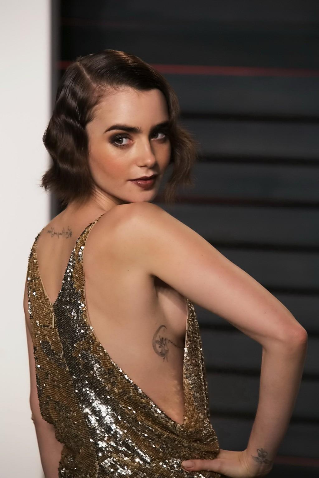 16P Lily Collins showing sideboob huge cleavage and legs