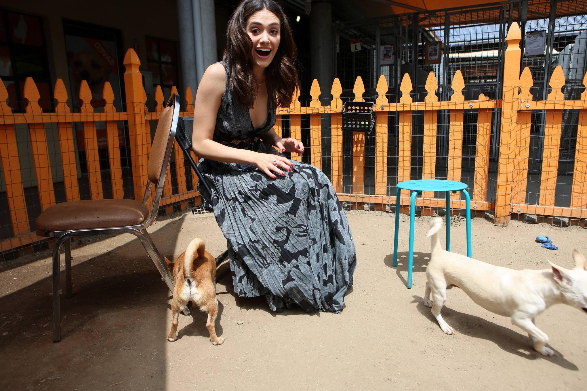 16P Emmy Rossum braless showing big cleavage in LA