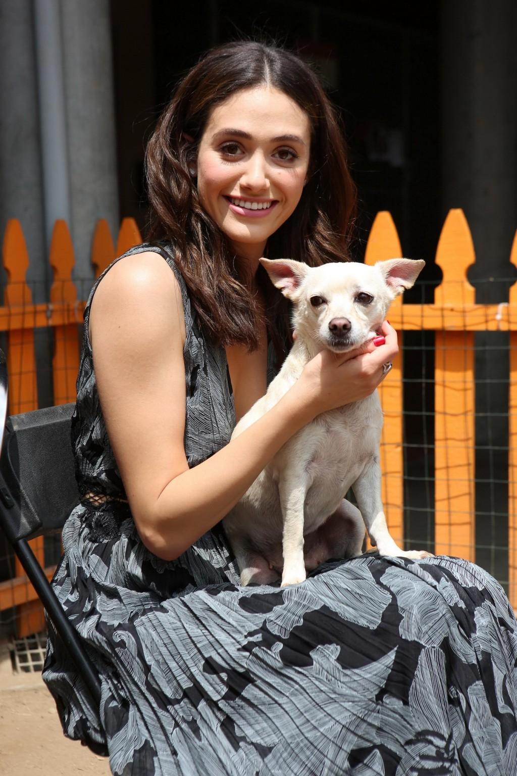 16P Emmy Rossum braless showing big cleavage in LA
