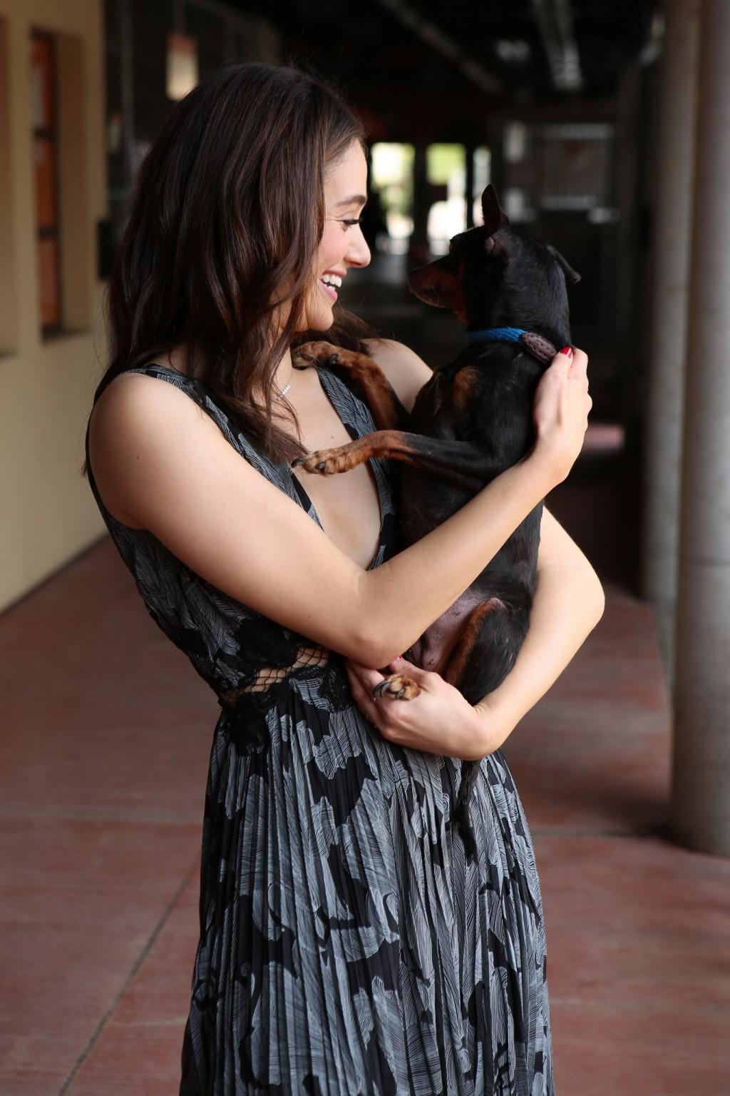 16P Emmy Rossum braless showing big cleavage in LA
