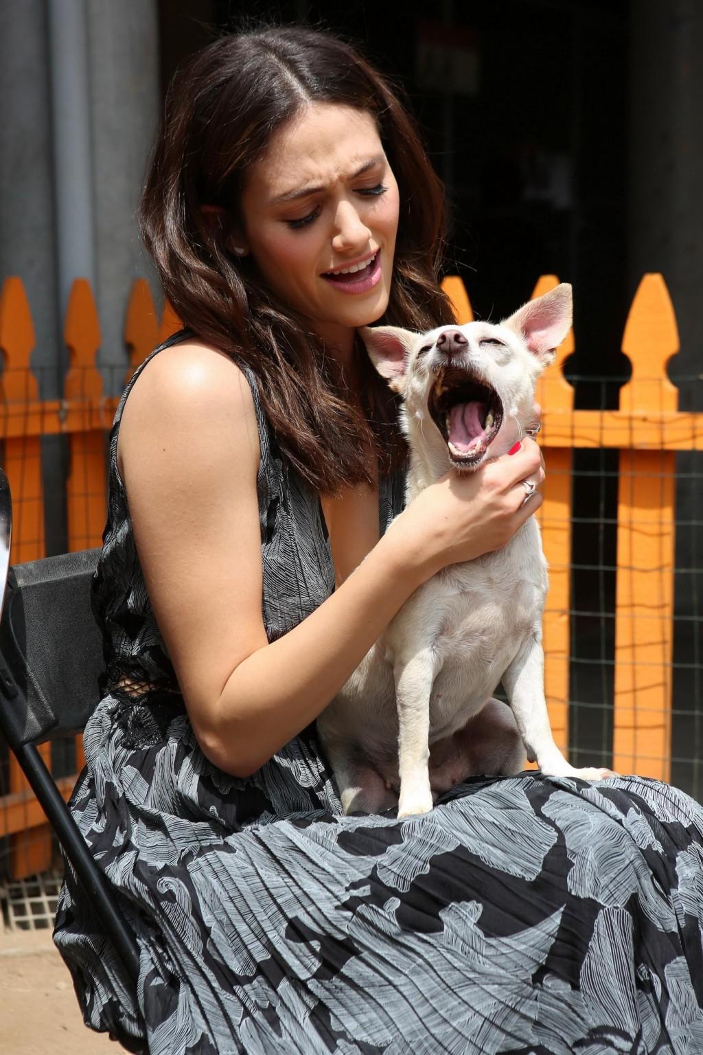 16P Emmy Rossum braless showing big cleavage in LA