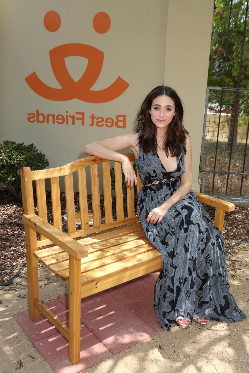 16P Emmy Rossum braless showing big cleavage in LA