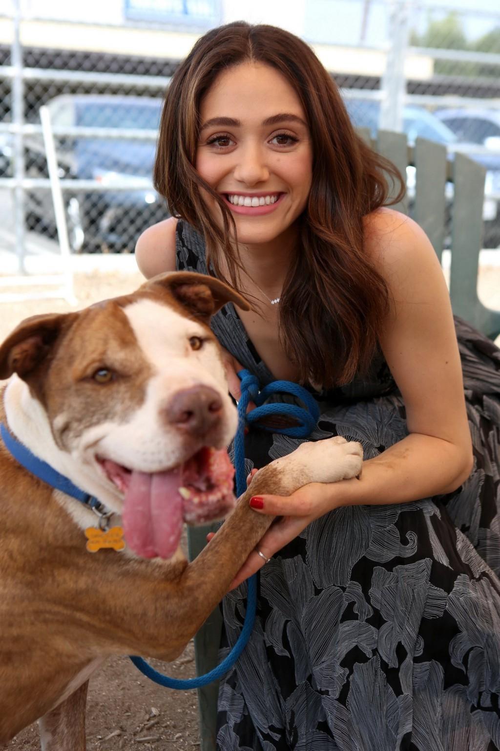 16P Emmy Rossum braless showing big cleavage in LA