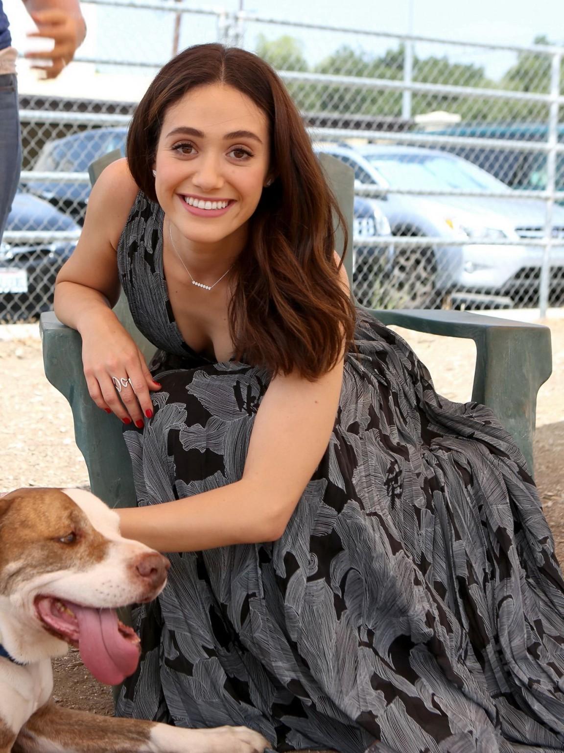16P Emmy Rossum braless showing big cleavage in LA