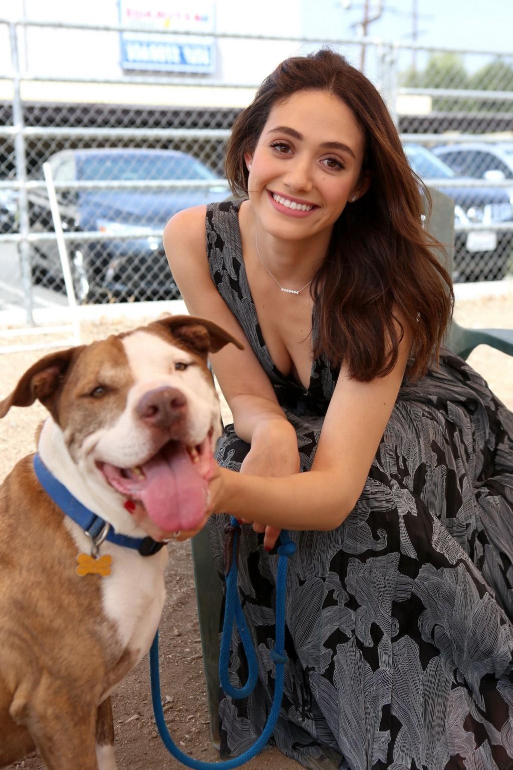 16P Emmy Rossum braless showing big cleavage in LA