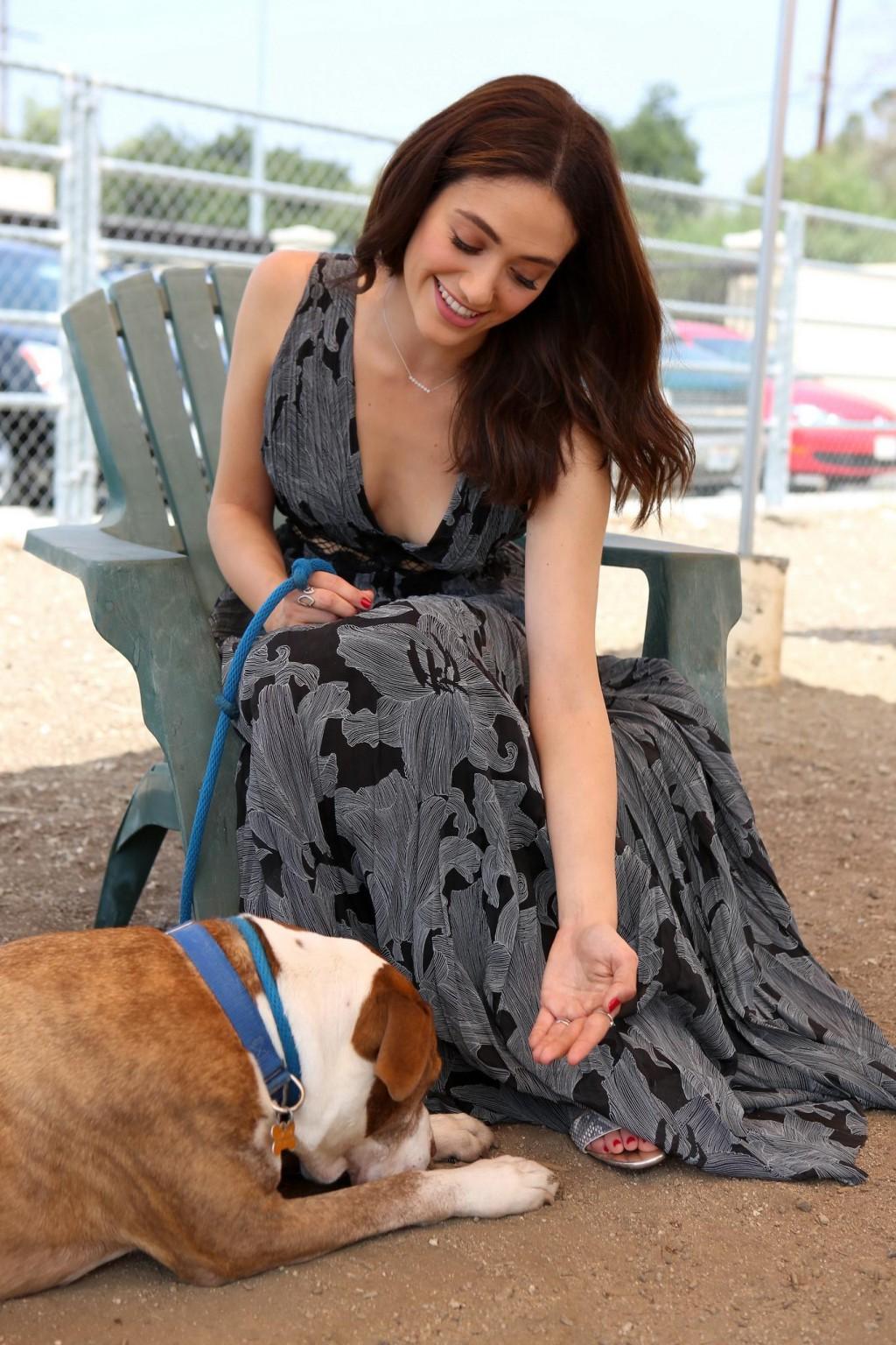 16P Emmy Rossum braless showing big cleavage in LA
