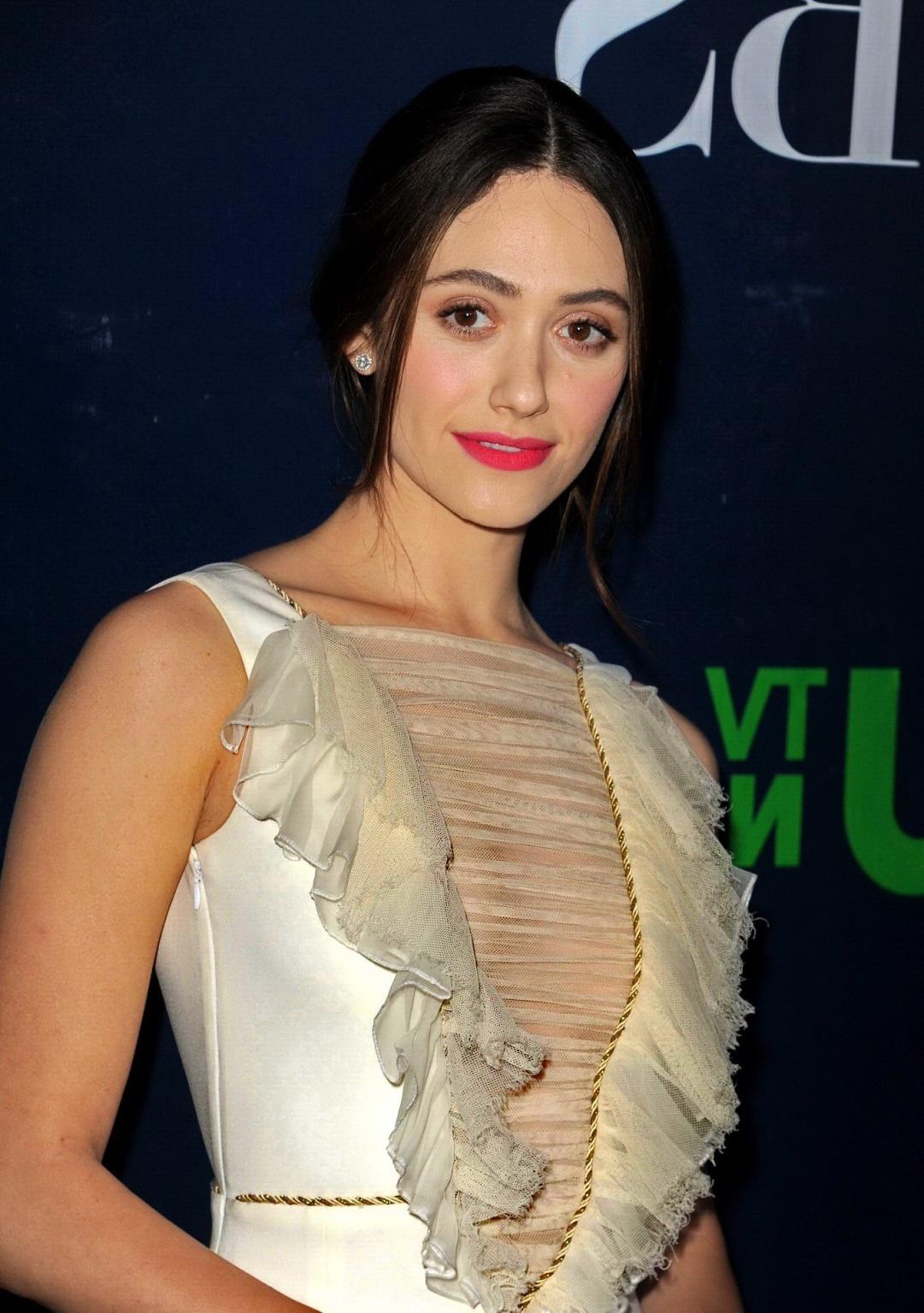 16P Emmy Rossum braless showing cleavage at the party