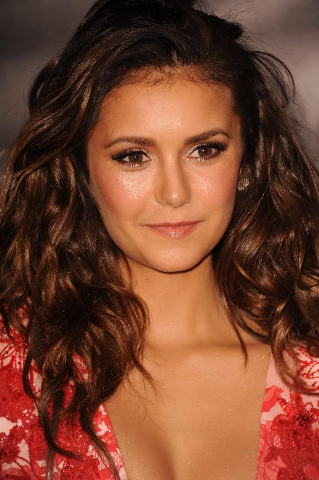16P Nina Dobrev braless showing huge cleavage in floral mini dress a
