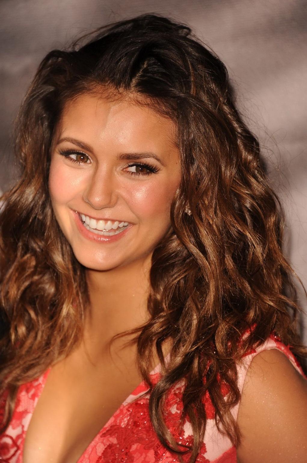16P Nina Dobrev braless showing huge cleavage in floral mini dress a