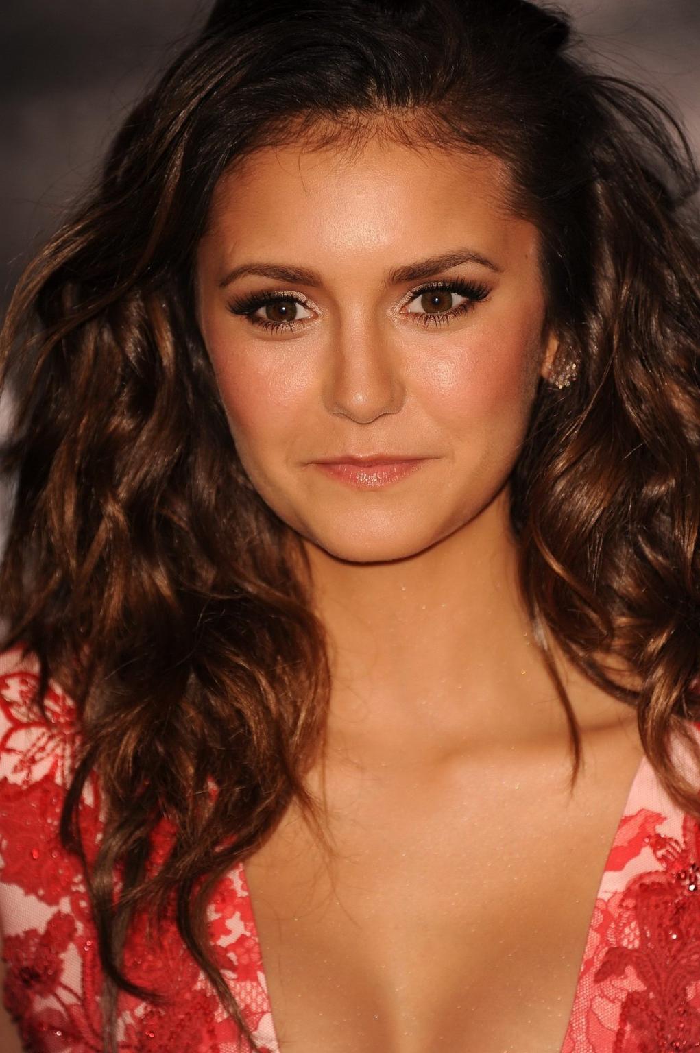 16P Nina Dobrev braless showing huge cleavage in floral mini dress a