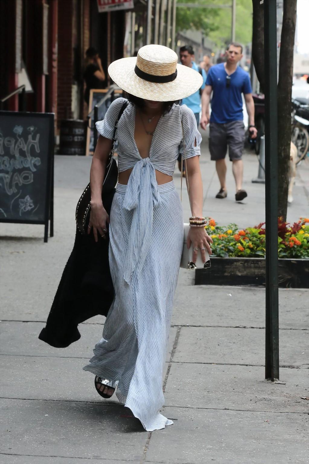 16P Vanessa Hudgens braless showing huge cleavage and abs while leaving her apartmen