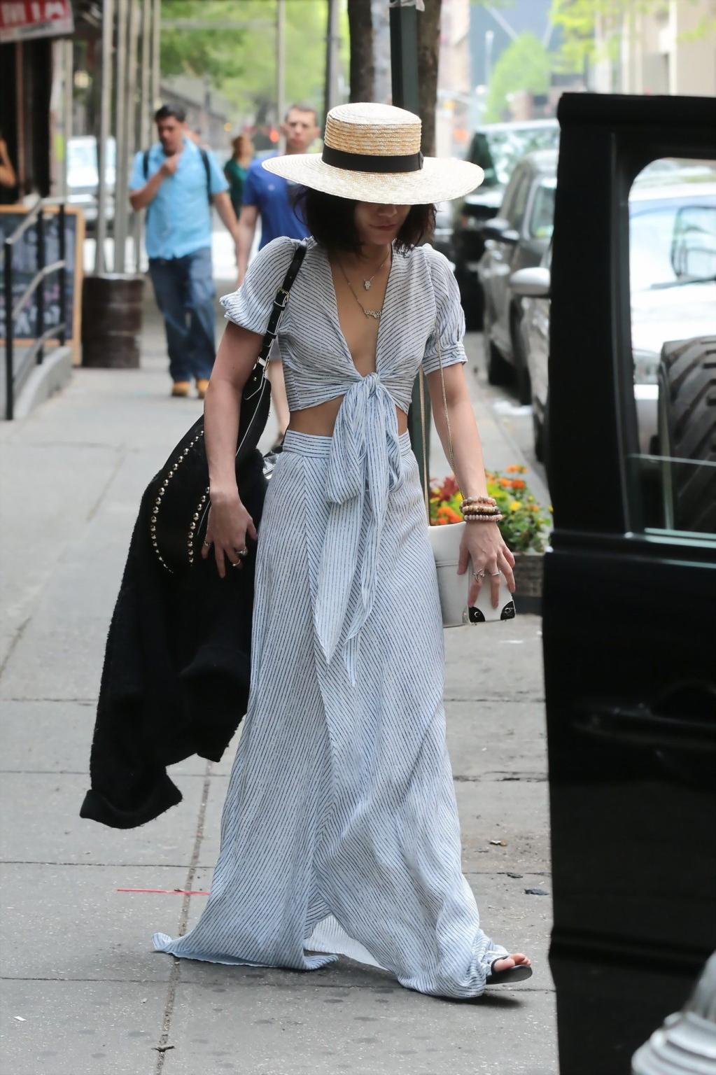 16P Vanessa Hudgens braless showing huge cleavage and abs while leaving her apartmen