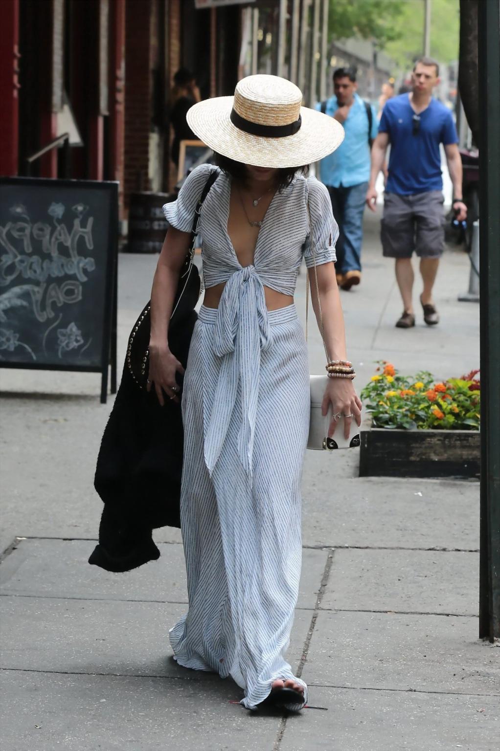 16P Vanessa Hudgens braless showing huge cleavage and abs while leaving her apartmen