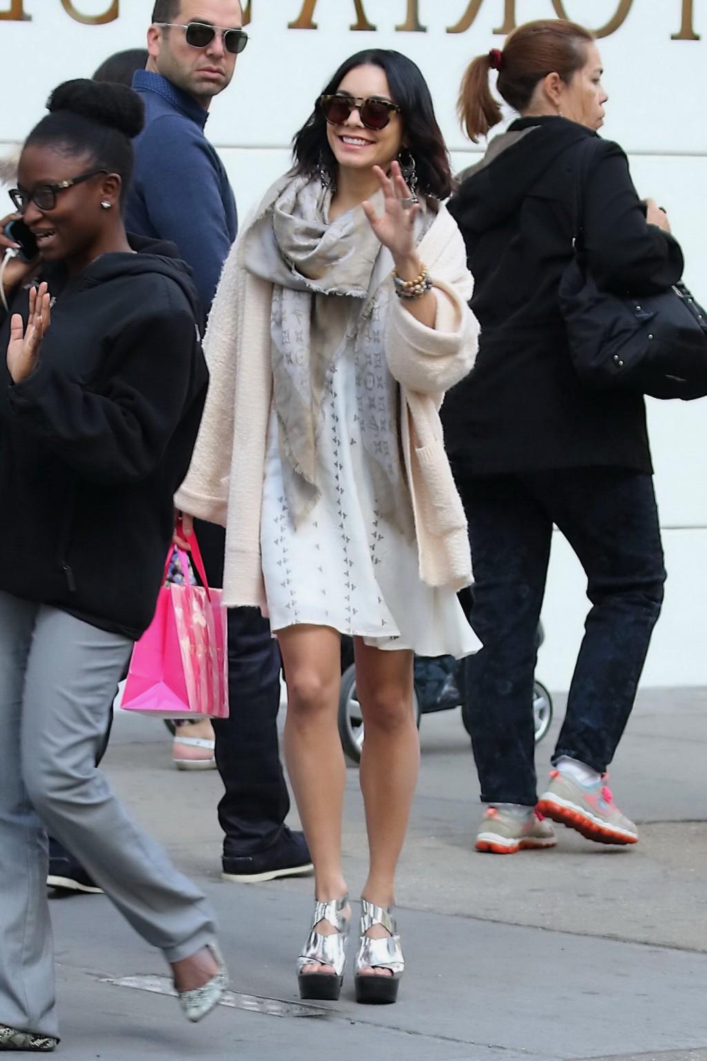 16P Vanessa Hudgens braless showing big cleavage in white mini dress out in NYC