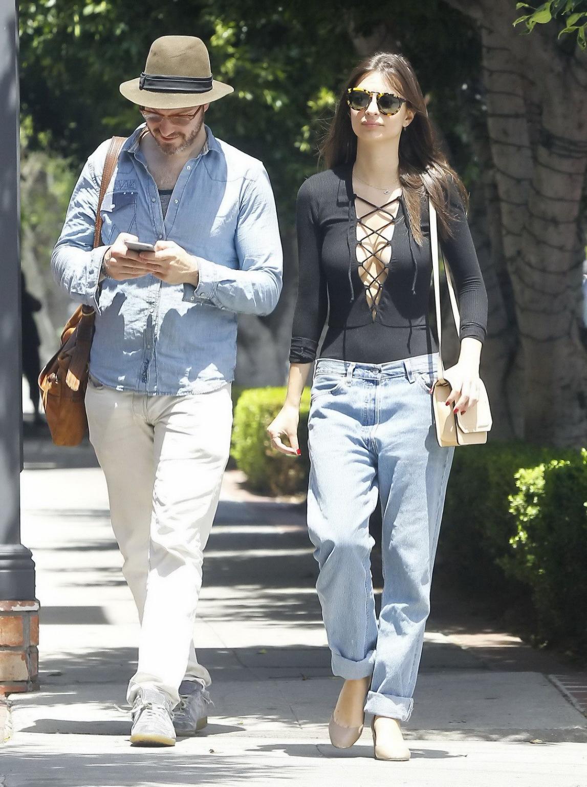 16P Emily Ratajkowski braless showing huge cleavage in black top and jeans out in LA
