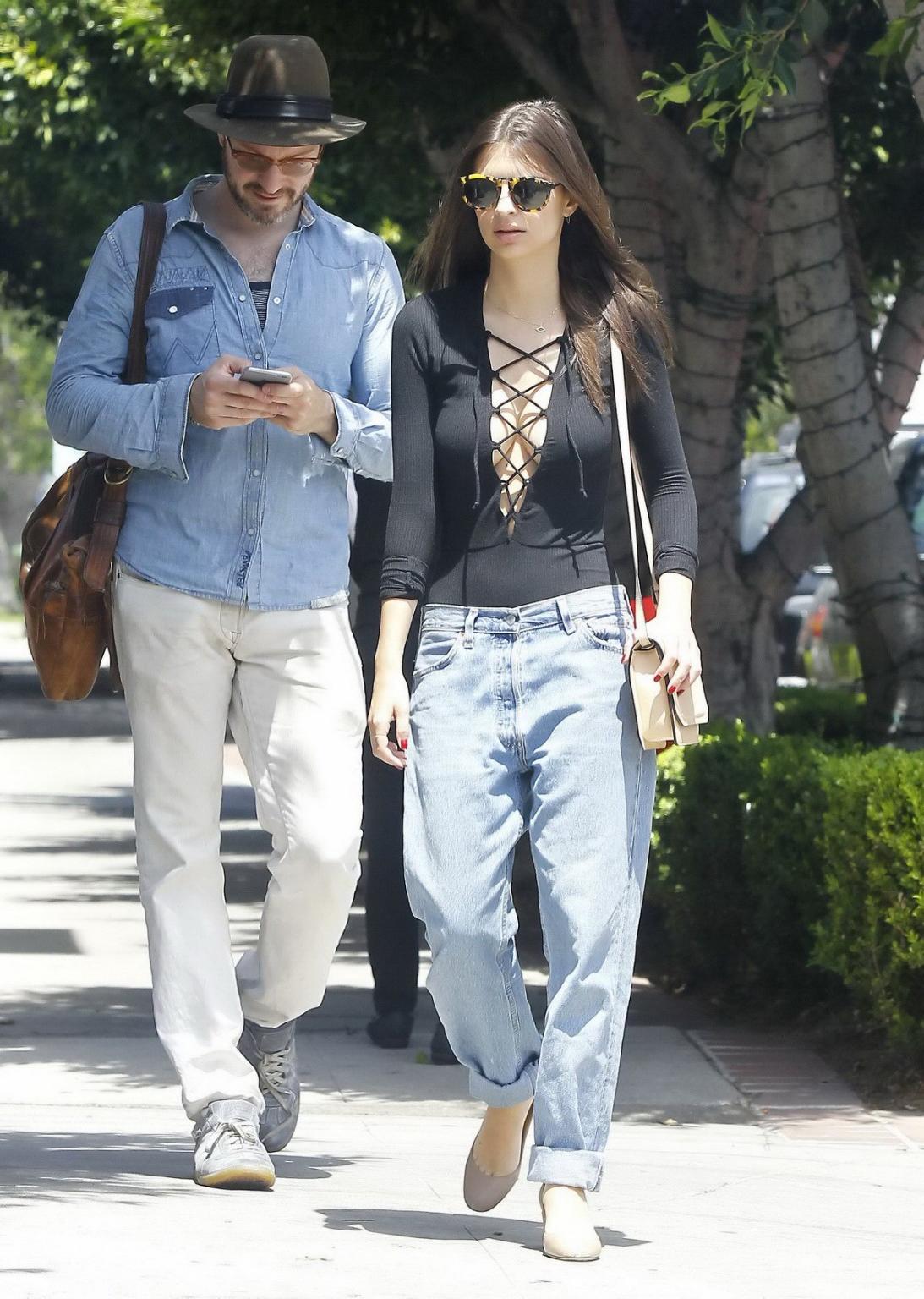16P Emily Ratajkowski braless showing huge cleavage in black top and jeans out in LA