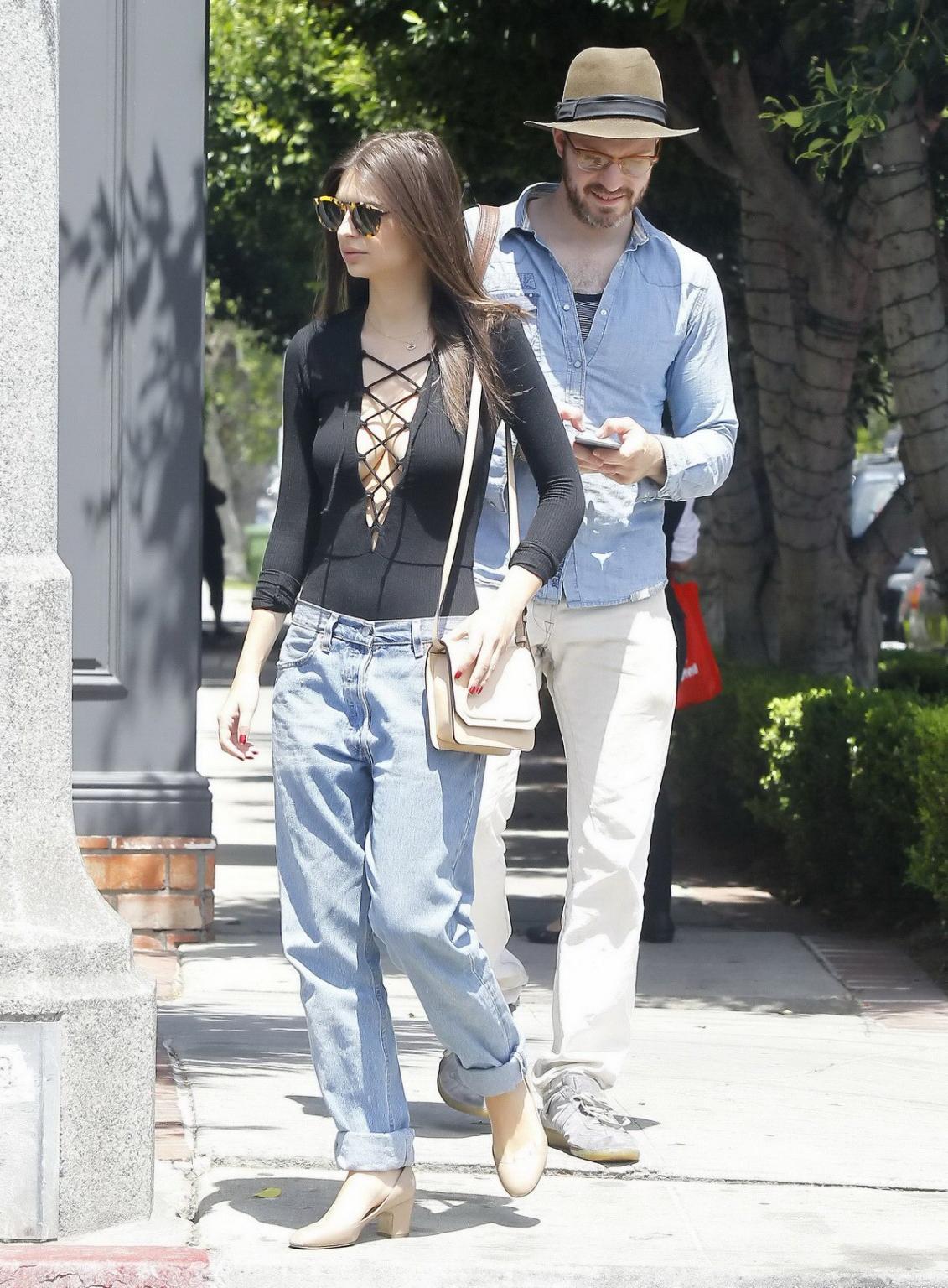 16P Emily Ratajkowski braless showing huge cleavage in black top and jeans out in LA