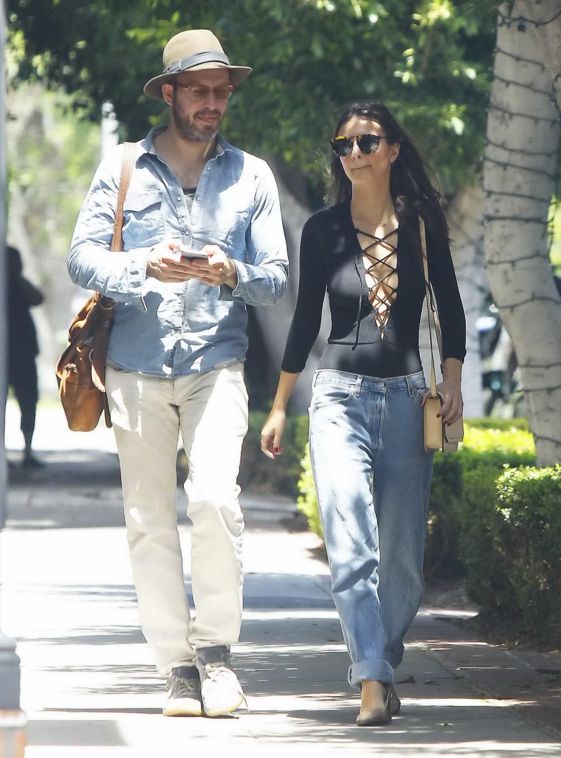 16P Emily Ratajkowski braless showing huge cleavage in black top and jeans out in LA