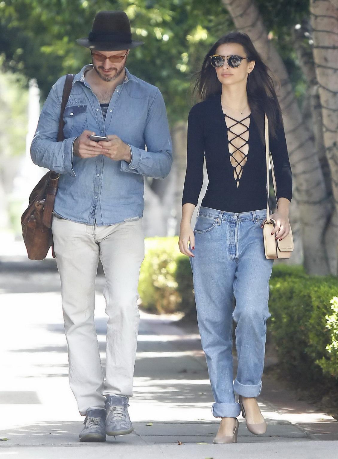 16P Emily Ratajkowski braless showing huge cleavage in black top and jeans out in LA