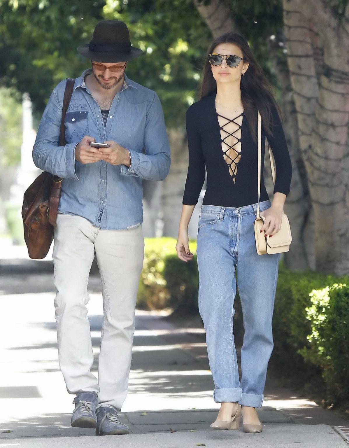 16P Emily Ratajkowski braless showing huge cleavage in black top and jeans out in LA