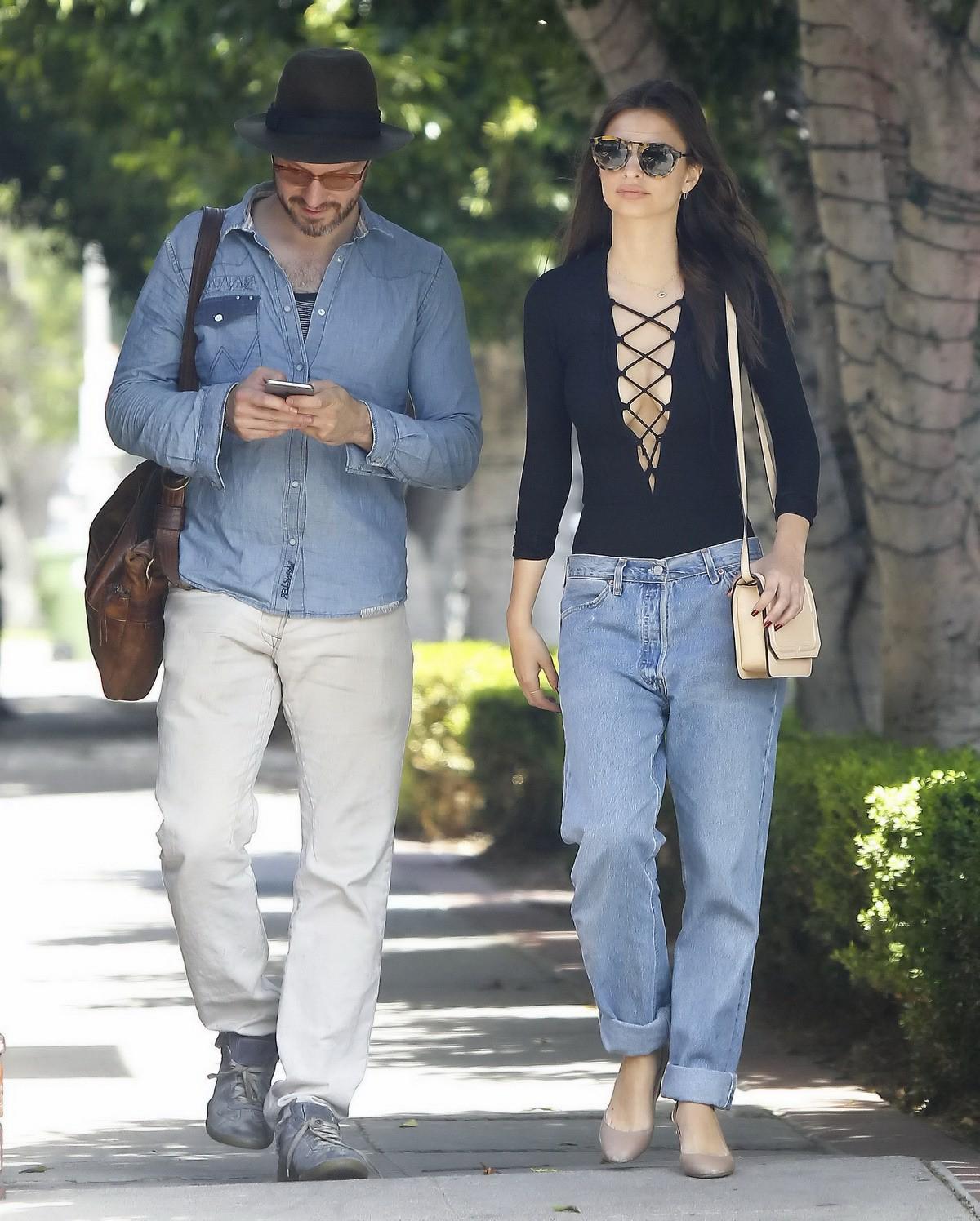 16P Emily Ratajkowski braless showing huge cleavage in black top and jeans out in LA