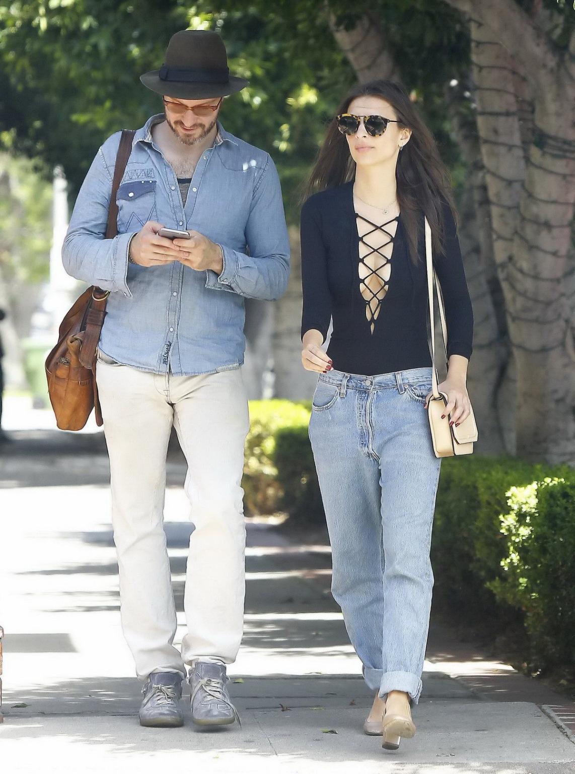 16P Emily Ratajkowski braless showing huge cleavage in black top and jeans out in LA