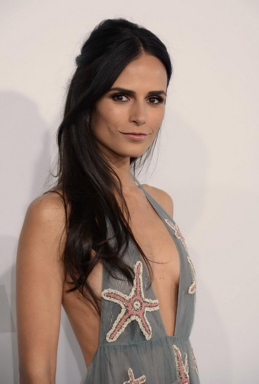16P Jordana Brewster showing sideboob and huge cleavage braless in a bareback transp
