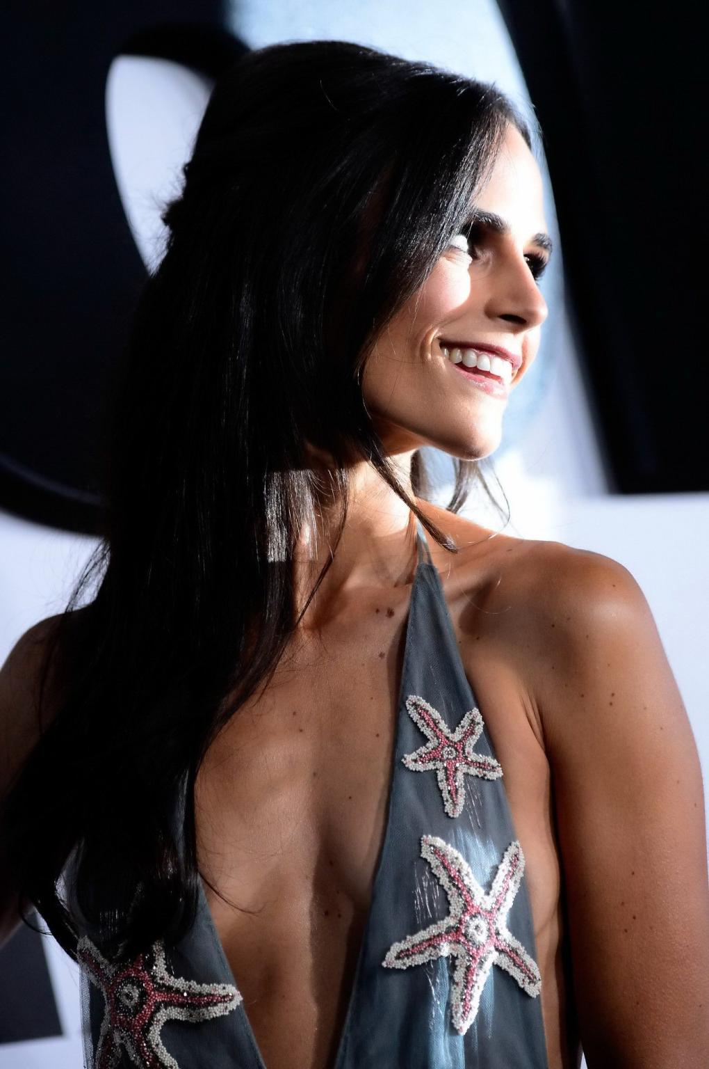 16P Jordana Brewster showing sideboob and huge cleavage braless in a bareback transp