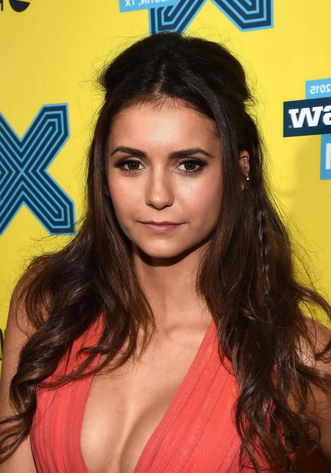 16P Nina Dobrev braless showing huge cleavage in hot orange dress aat The Final Girl