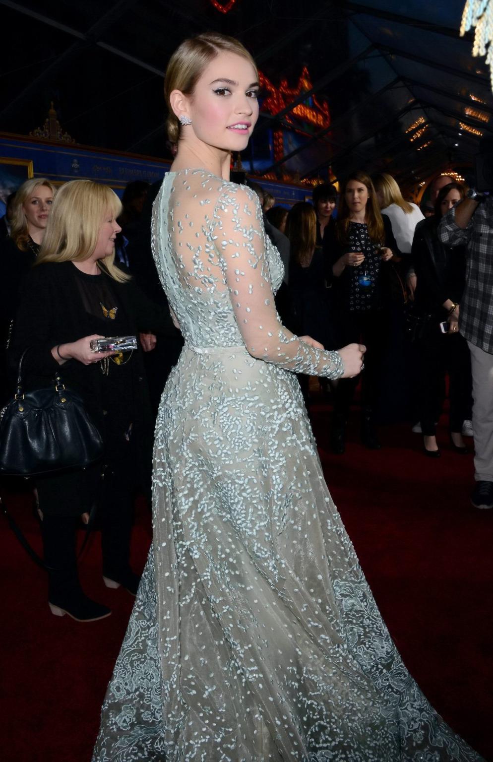 16P Lily James braless wearing white lace partially transparent dress for Cinderella
