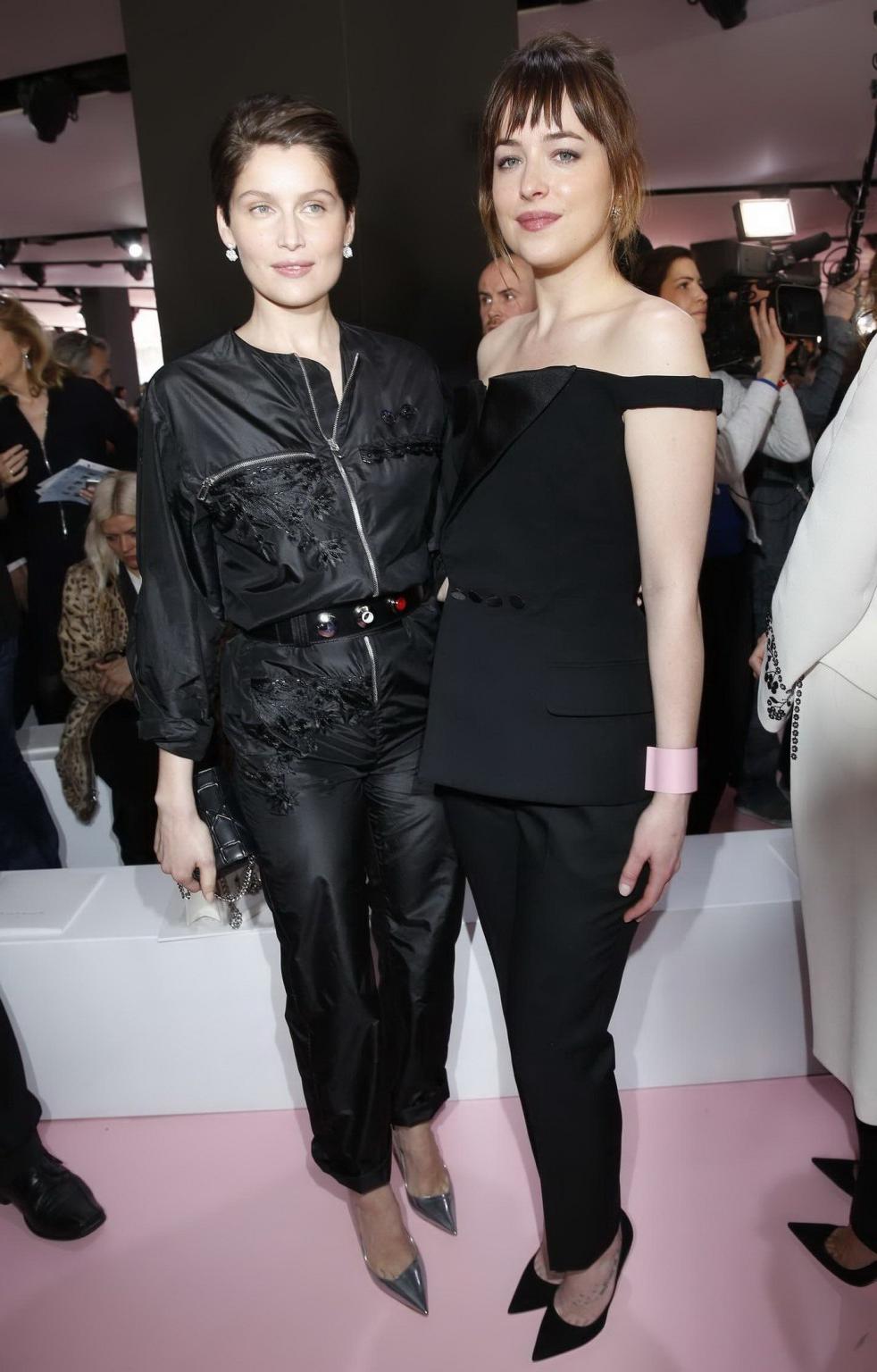 16P Dakota Johnson showing big cleavage in black jumpsuit at Christian Dior Fashion 