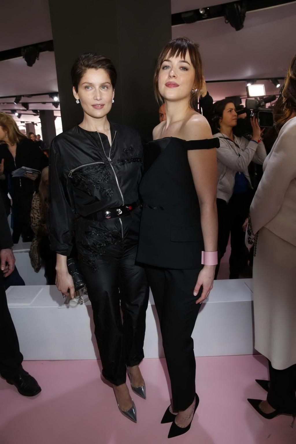 16P Dakota Johnson showing big cleavage in black jumpsuit at Christian Dior Fashion 