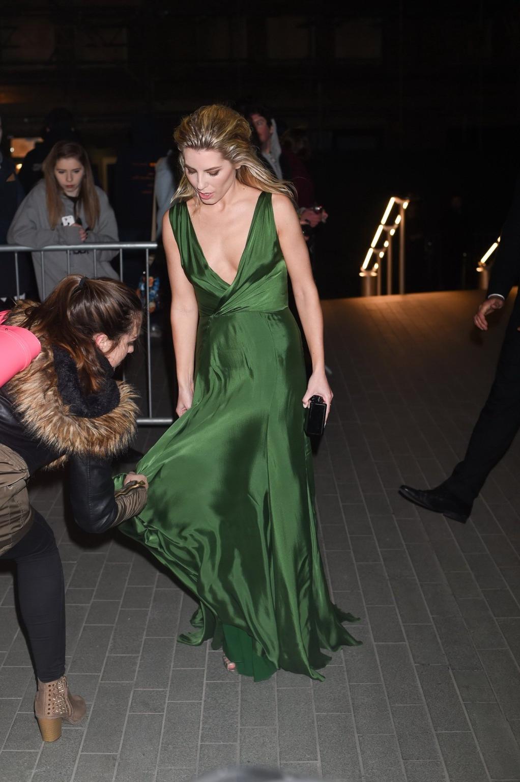 16P Mollie King braless showing huge cleavage in a green maxi dress at ELLE Style Aw