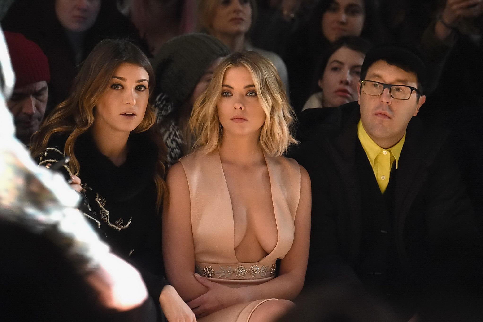 16P Ashley Benson braless showing huge cleavage in tight flesh colored dress at Reem