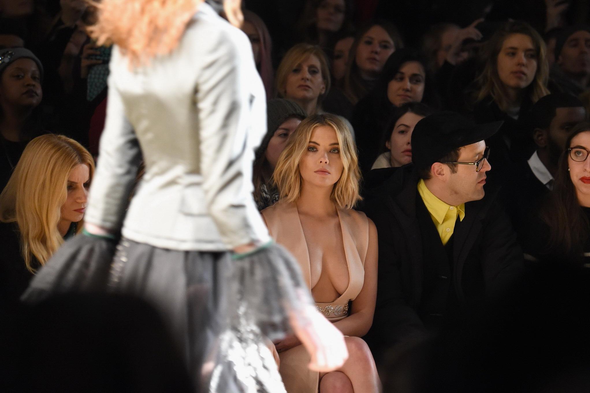 16P Ashley Benson braless showing huge cleavage in tight flesh colored dress at Reem