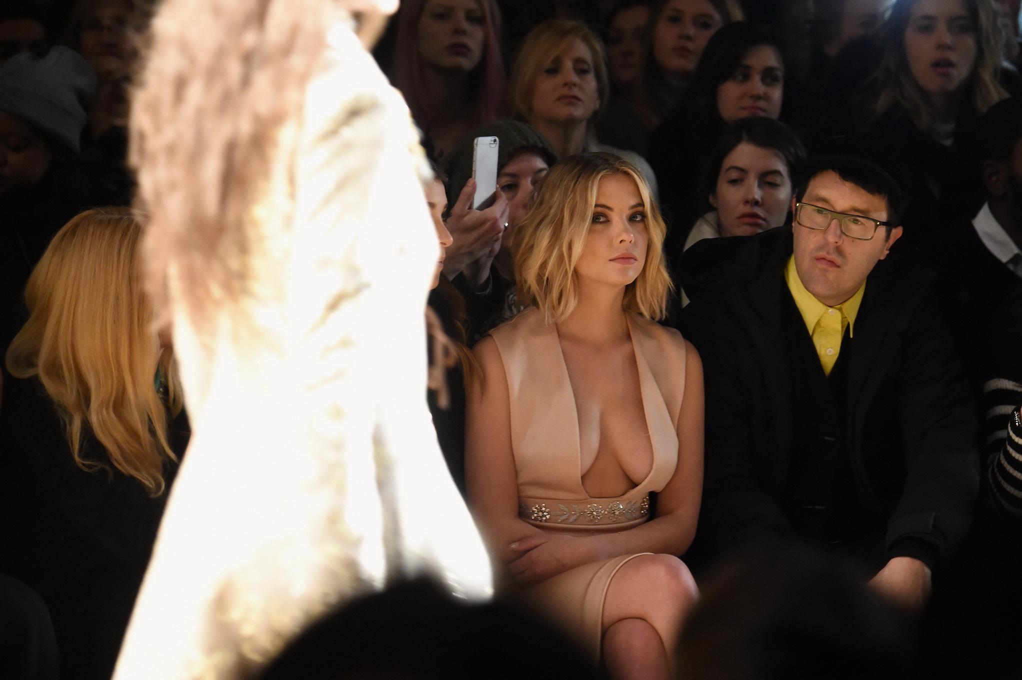 16P Ashley Benson braless showing huge cleavage in tight flesh colored dress at Reem