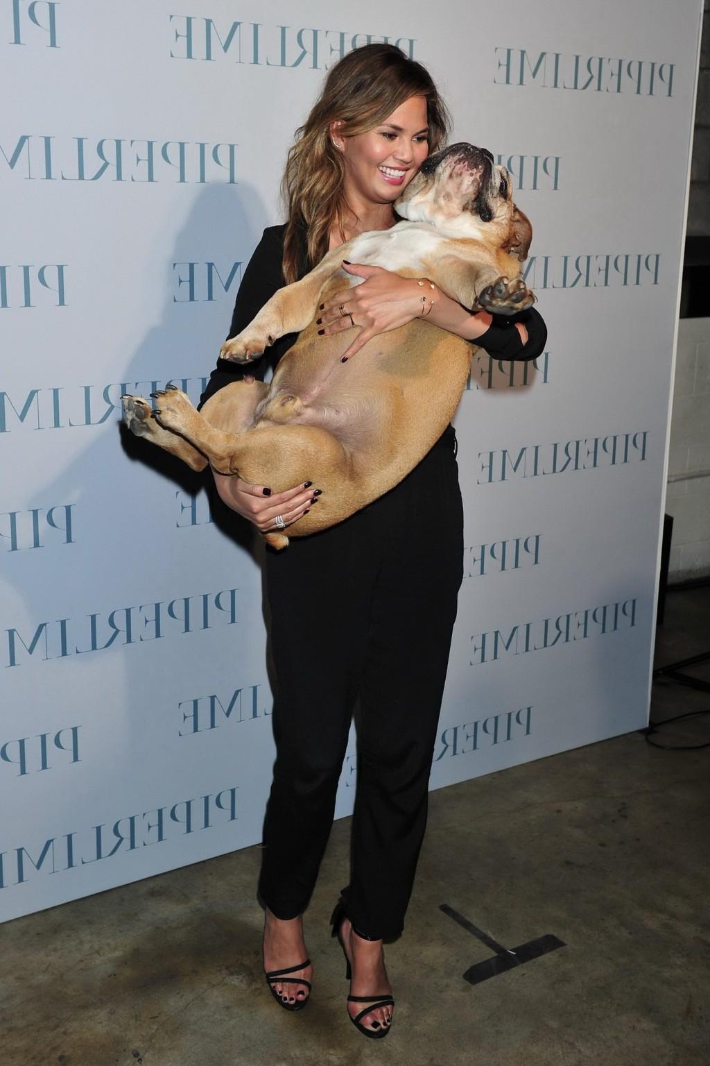 10P Chrissy Teigen braless  cleavy petting two ugly bulldogs at the new Piperlime co