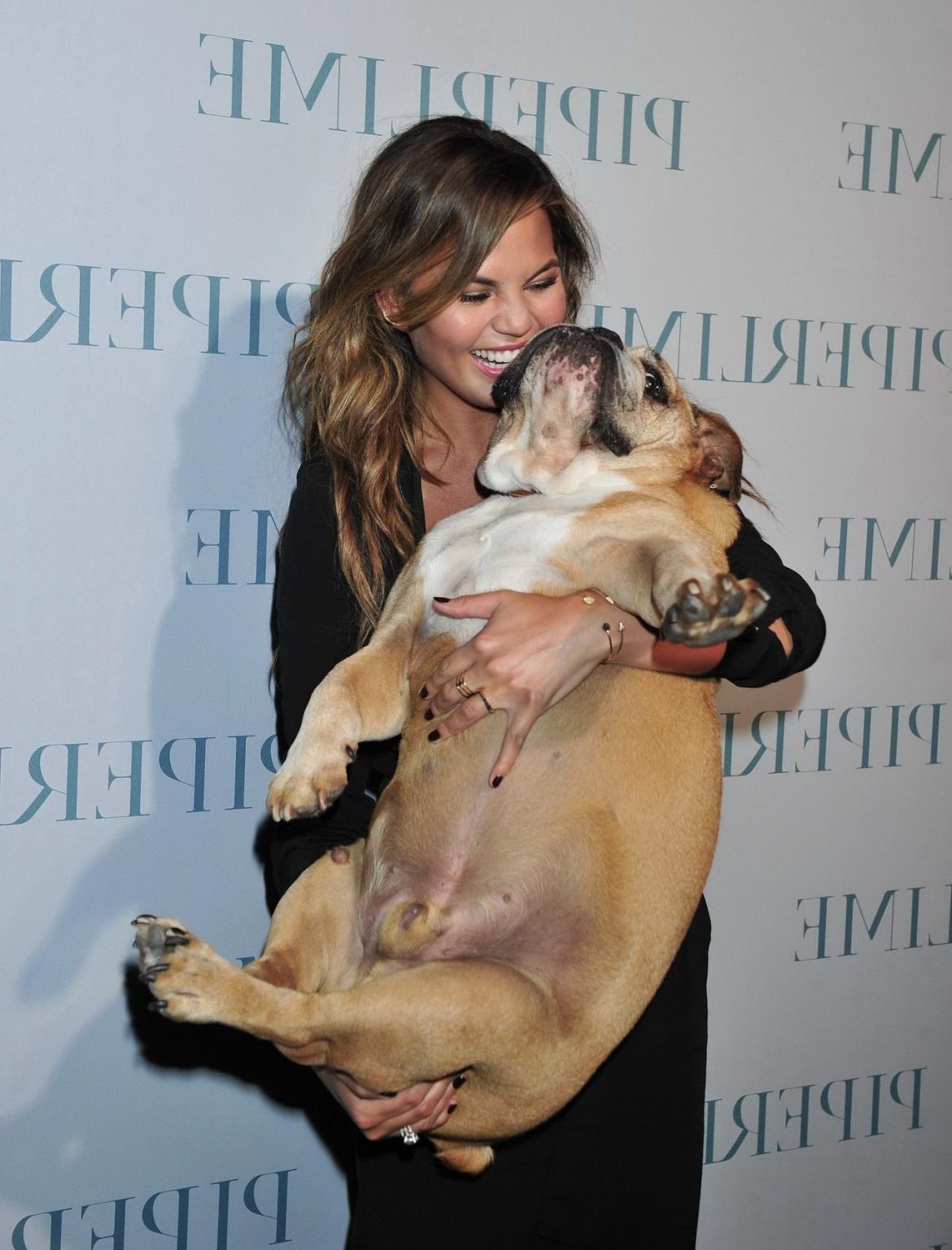 10P Chrissy Teigen braless  cleavy petting two ugly bulldogs at the new Piperlime co