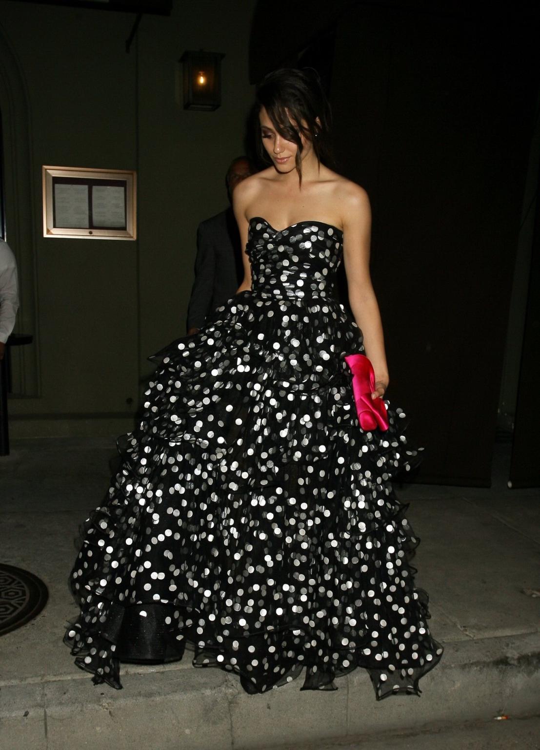 16P Emmy Rossum busty in a polka dot tube dress at Craigs Restaurant in West Hollywo